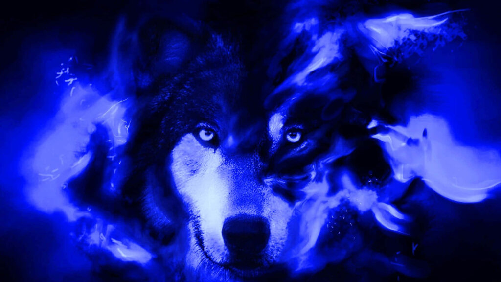 Wolf portrait with intense gaze surrounded by swirling blue and purple smoke digital art wallpaper
