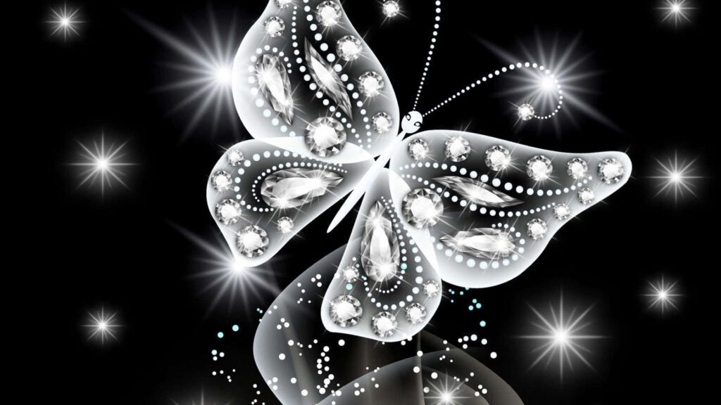 Enchanted Dark Butterfly Wallpaper with Jewel Patterns & Sparkling Lights