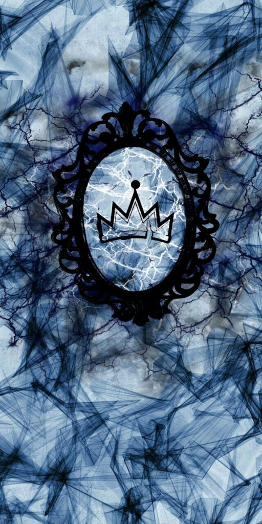 Elegant Dark-Framed Mirror with Crown Motif on Abstract Blue Background Wallpaper