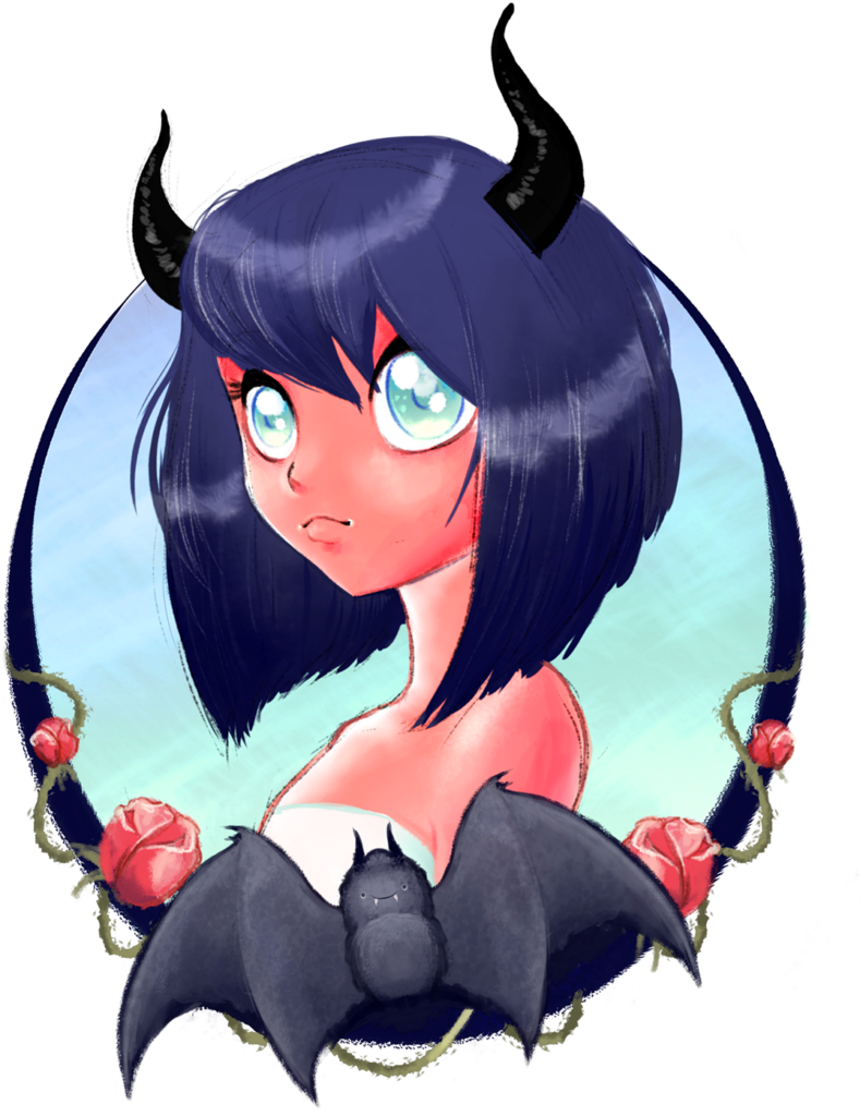 Enchanting Demon Girl Wallpaper: Blue Eyes & Floral Motif
