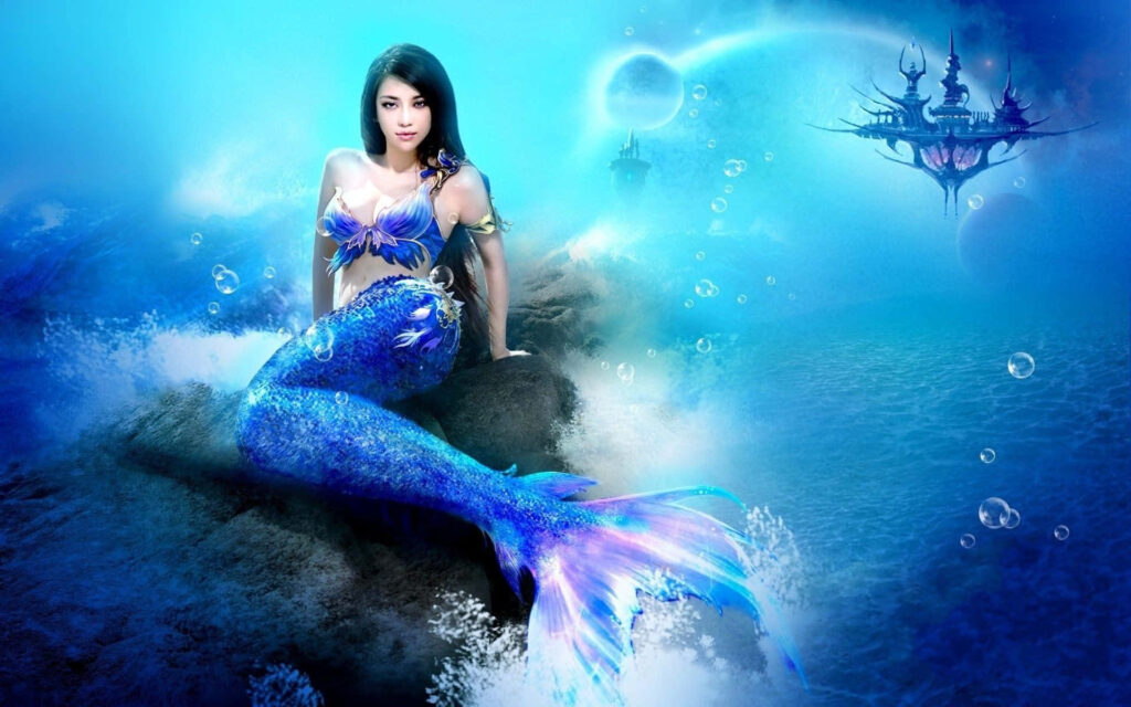 Enchanting Depths: A Realistic Blue Aesthetic Mermaid Wallpaper