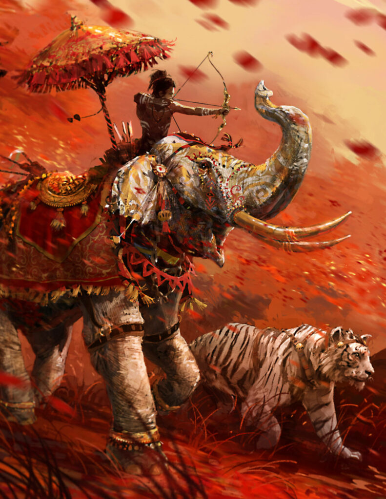 Wild Encounters: Majestic Elephant and Kalinag's Archery Stance in the Sky Tiger Wallpaper