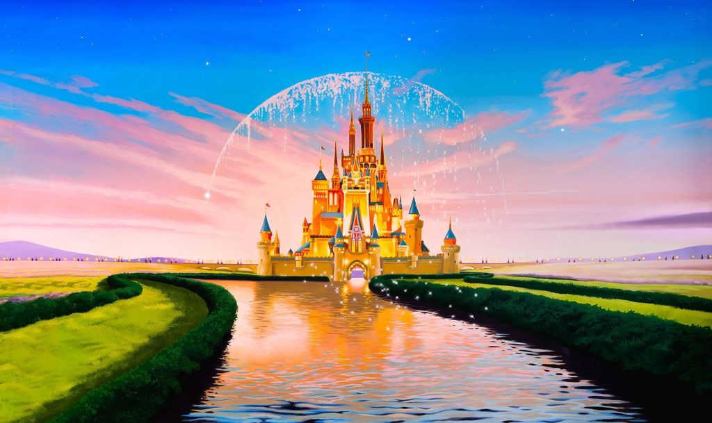 Vibrant Disney Cinderella Castle wallpaper glowing under pastel sunset with starry arc reflection