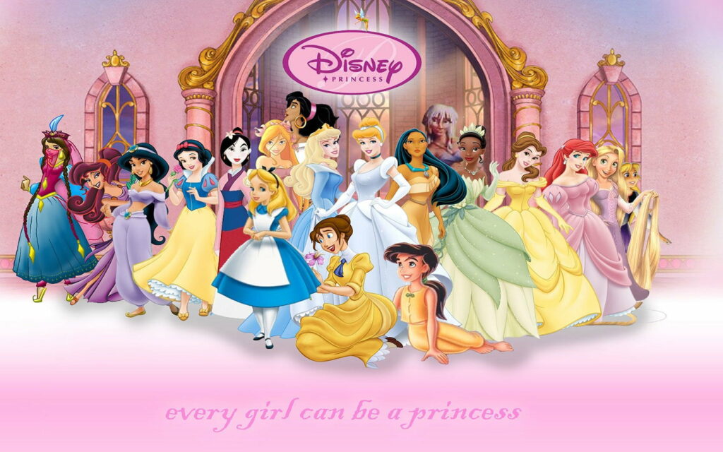 Enchanting Disney Princess wallpaper with Cinderella Ariel Belle Jasmine and magical pink castle