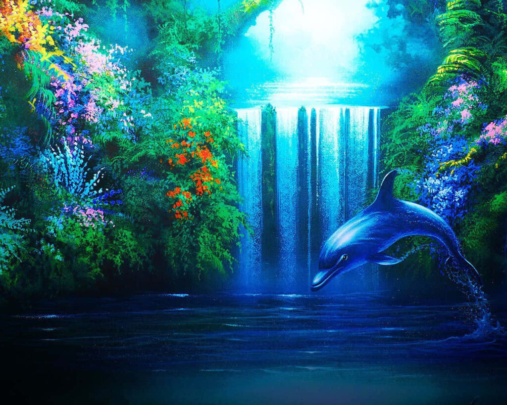 Vibrant Dolphin Wallpaper: Serene Waterfall & Lush Paradise Background