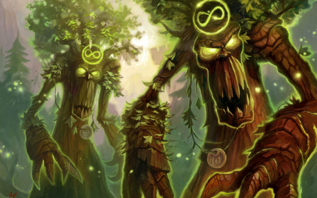 Vibrant Druid Forest Wallpaper with Ancient Sentient Tree Creatures