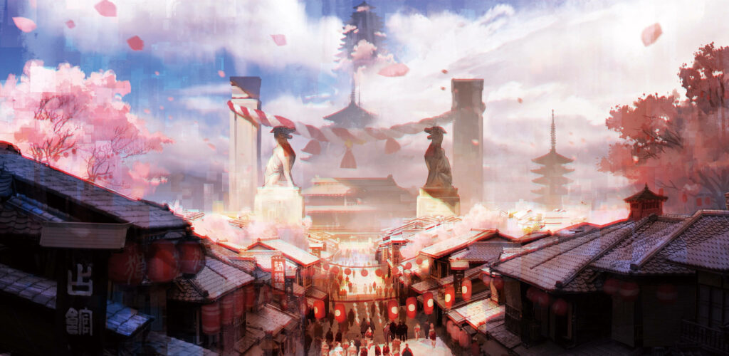 Enchanting Anime Metropolis with a Captivating Torii Gateway: A Breathtaking Aesthetic Cityscape Wallpaper