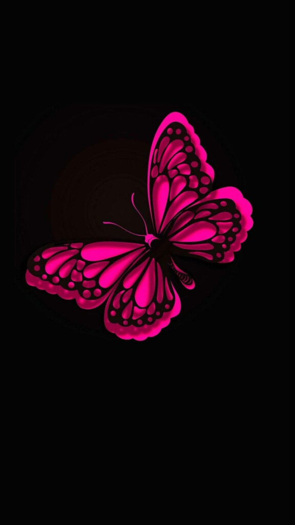 Intriguing Contrast: Mesmerizing Pink Butterfly Gracing a Mysterious Night Sky Wallpaper
