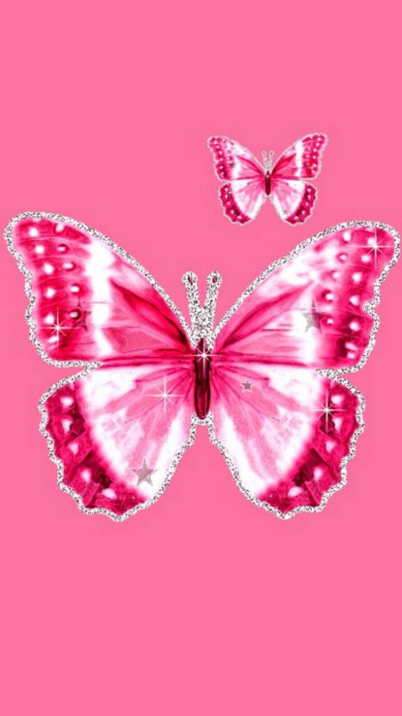 A Sparkling Symphony: Capturing Two Pink Glitter Butterflies on a Delicate Pink Background Wallpaper