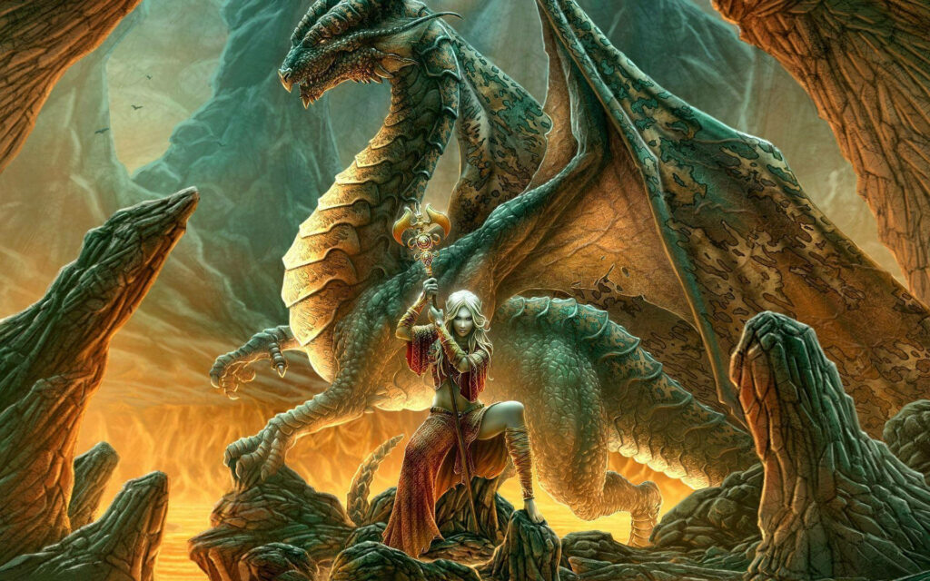 The Enchantress and the Majestic Dragon: An HD Fantasy Encounter Wallpaper