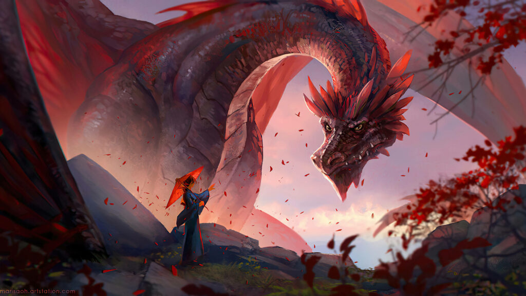 The Majestic Red Dragon Captivating a Girl Amidst a Scenic Landscape Wallpaper