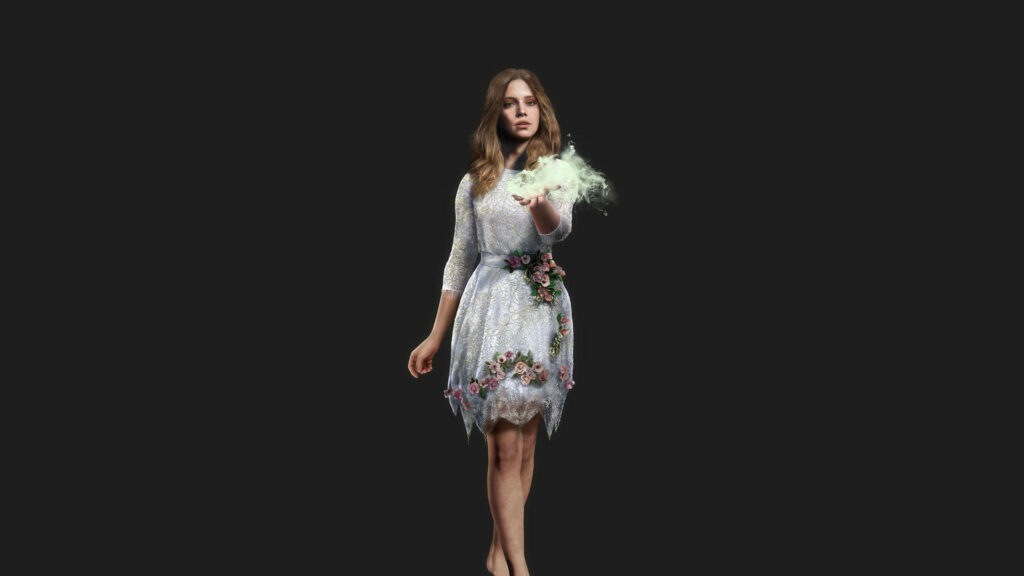 Faith Seed from Far Cry 5 in Mystical Pose on Dark Background - Enigmatic Gaming Character in White Dress with Floral Patterns and Glowing Hand - Wallpaper Worthy Stylistic Representation for Fans.