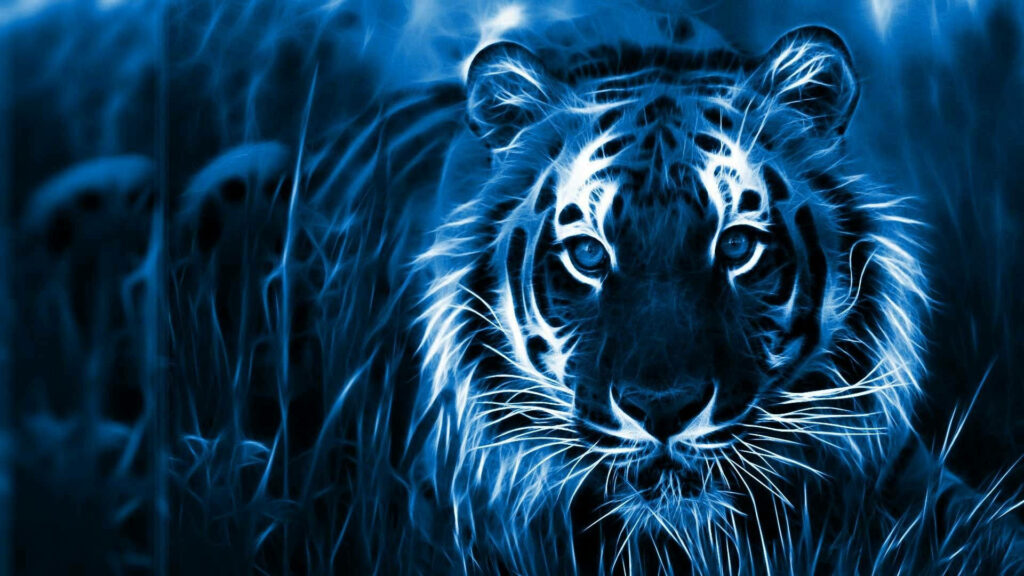 Blue Tiger Glow: Mesmerizing Monochrome Laptop Desktop Background Wallpaper