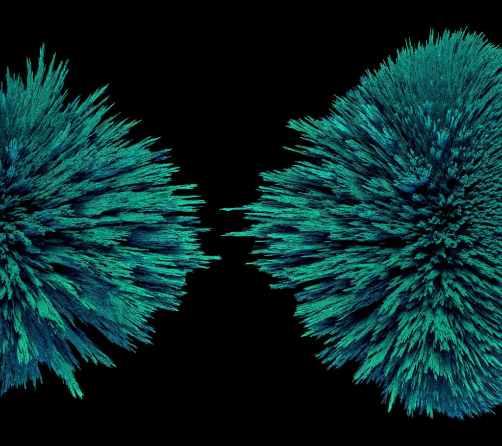 Enchanting Fusion: Captivating Blend of 3D Pixel Art with Pulsating Blue-Green Dust on a Sleek Black Canvas Wallpaper