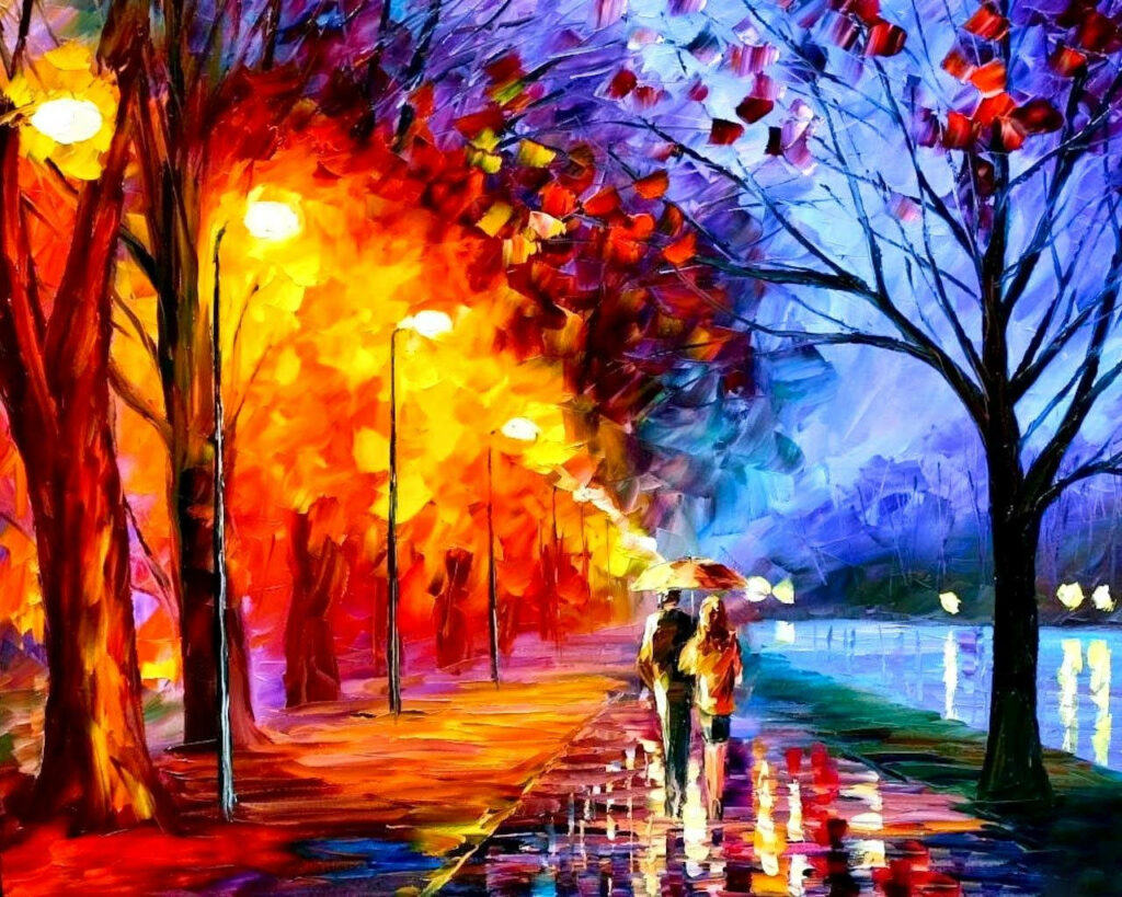 Strolling Serenade: A Vibrant Sidewalk Scene Illuminated by Radiant Orange Streetlamps Wallpaper