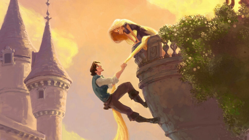 Enchanting Disney Princess Rapunzel: A Magical Balcony Encounter with Flynn Rider Wallpaper