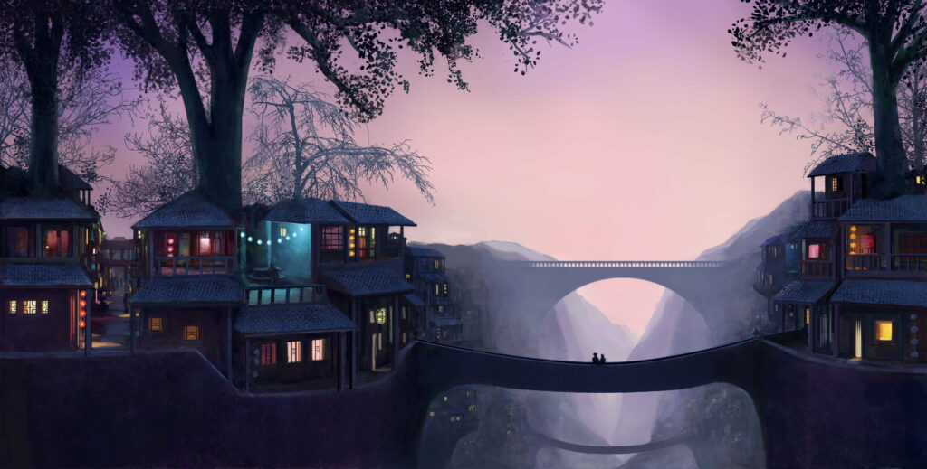 6416x3250 UHD 5K Bridges and Whimsical Houses: A Fantasy Art Delight Wallpaper