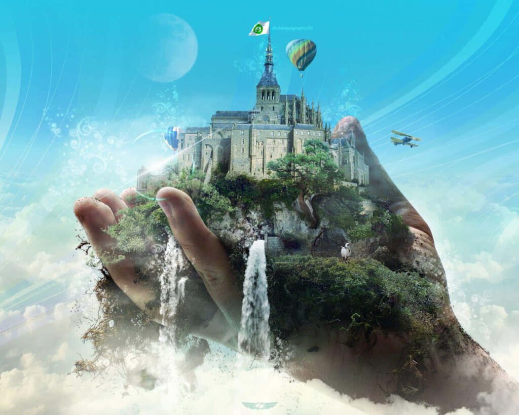 Enchanting Fantasy Castle Wallpaper: Surreal Landscape & Dreamy Sky
