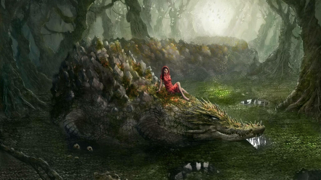 Mystical Alligator Wallpaper: Enchanted Forest with Cloaked Figure