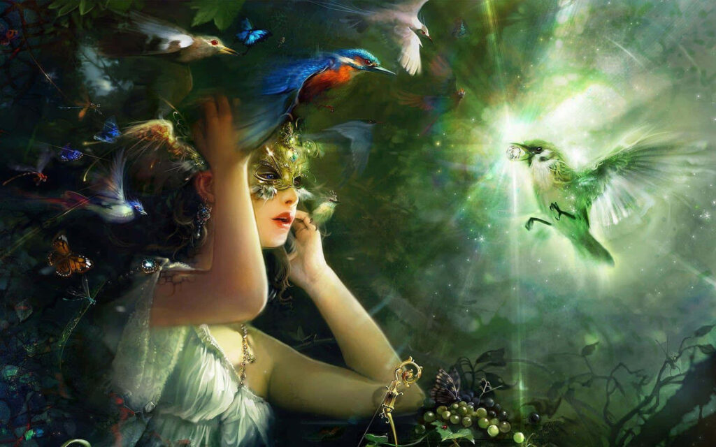 Enchanting Fantasy Wallpaper: Woman, Masks & Ethereal Birds