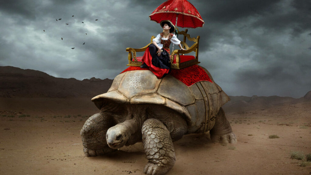 Whimsical Fantasy Woman on Tortoise with Red Parasol - Enchanting Wallpaper