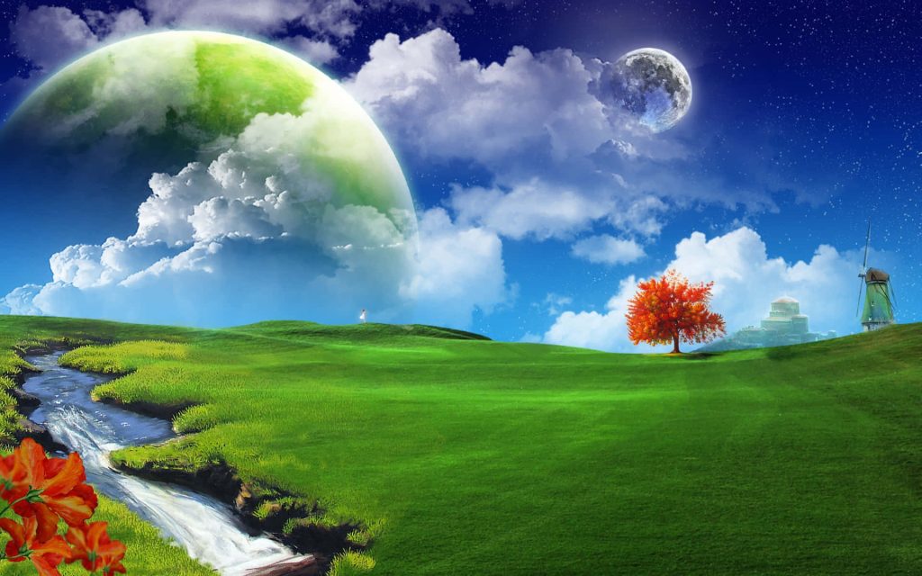 Fantasy wallpaper with lush green field autumn tree flowing stream and giant green planet sky