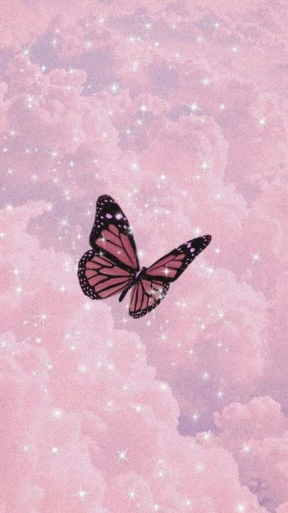 Enchanting Harmony: Graceful Butterfly in Shimmering Pink Clouds - Tumblr iPhone Wallpaper