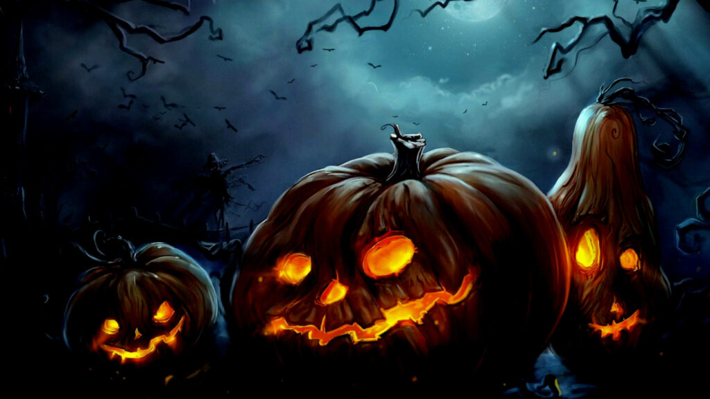 Pumpkin Lights Illuminate Spooky Forest: Halloween Computer Background Wallpaper
