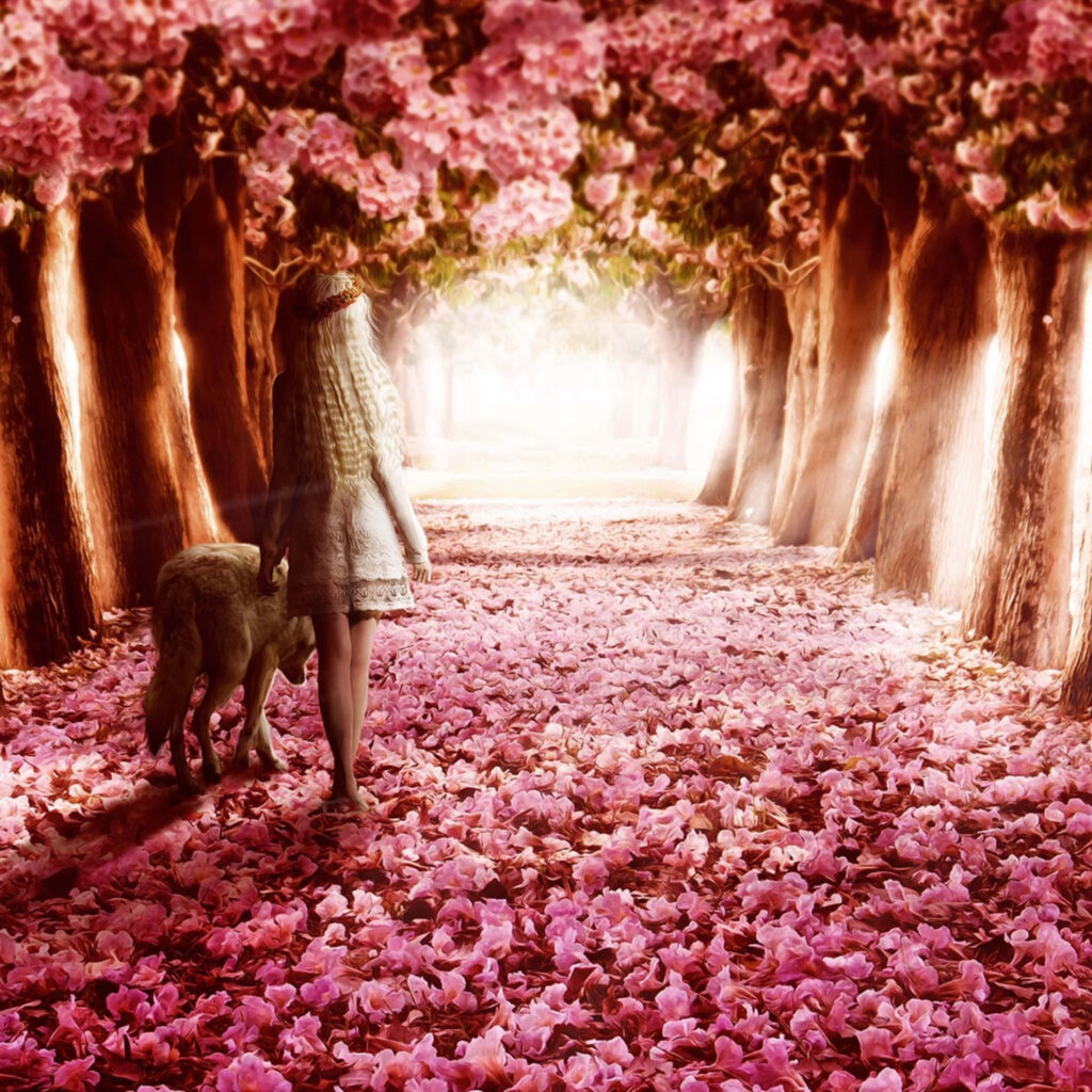 Serene Forest Wallpaper: Girl & Deer Under Flowering Tree Canopy