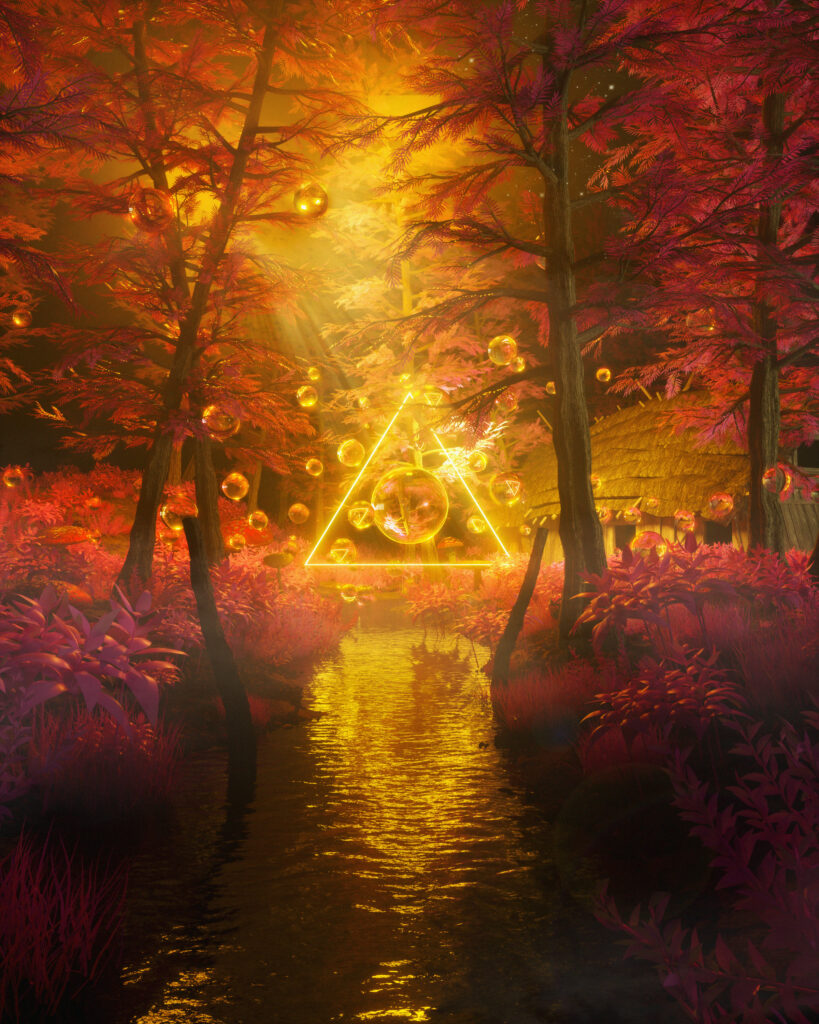 Enchanting 3D Forest Wallpaper with Neon Triangle & Vibrant Foliage