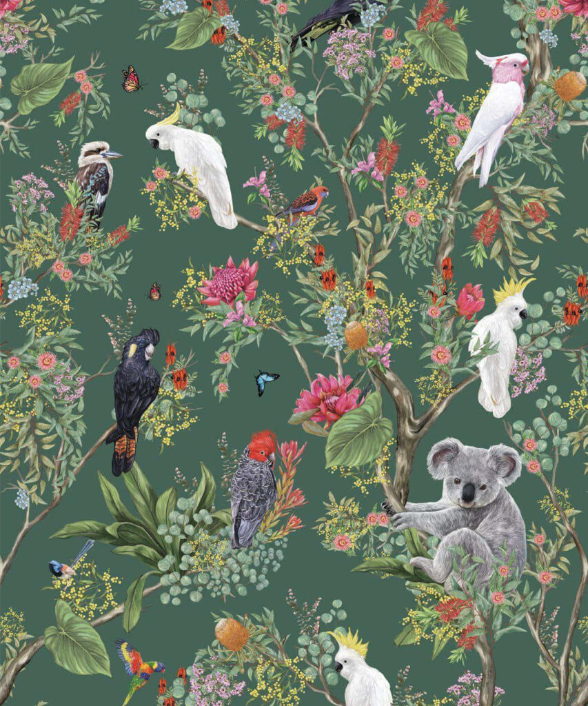 Lush Enchanted Forest Wallpaper with Vibrant Birds and Fauna