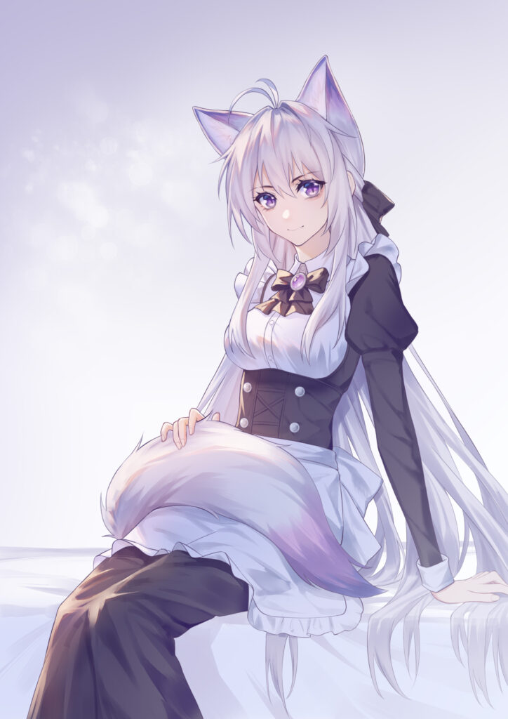 Anime Maid Girl with Fox Ears - Enchanting Pastel Wallpaper