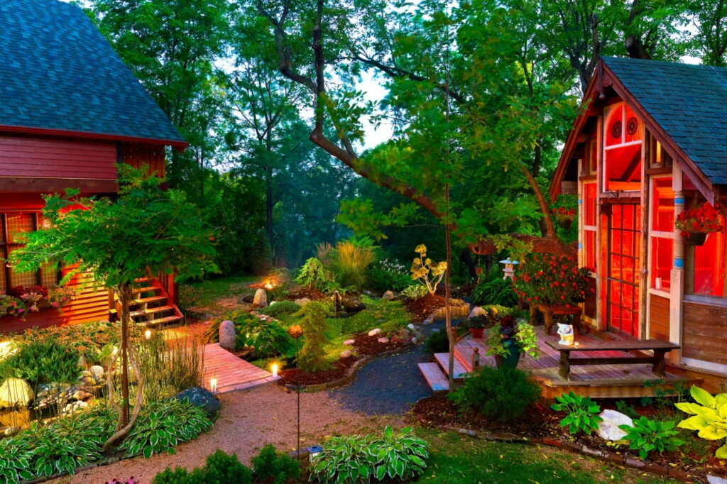 Enchanting Garden Retreat: A Glowing Haven of Architectural Elegance Wallpaper