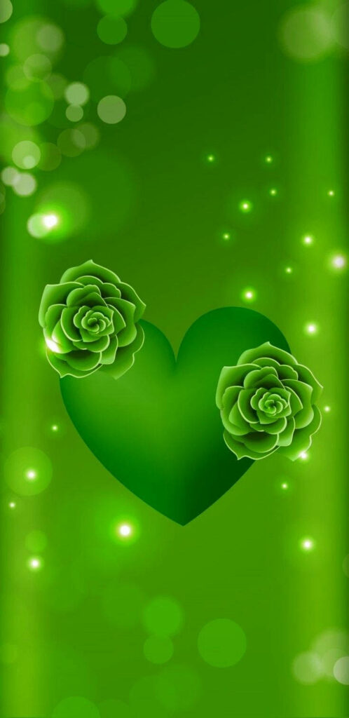 Enchanting Green Wallpaper with Glowing Heart & Elegant Roses