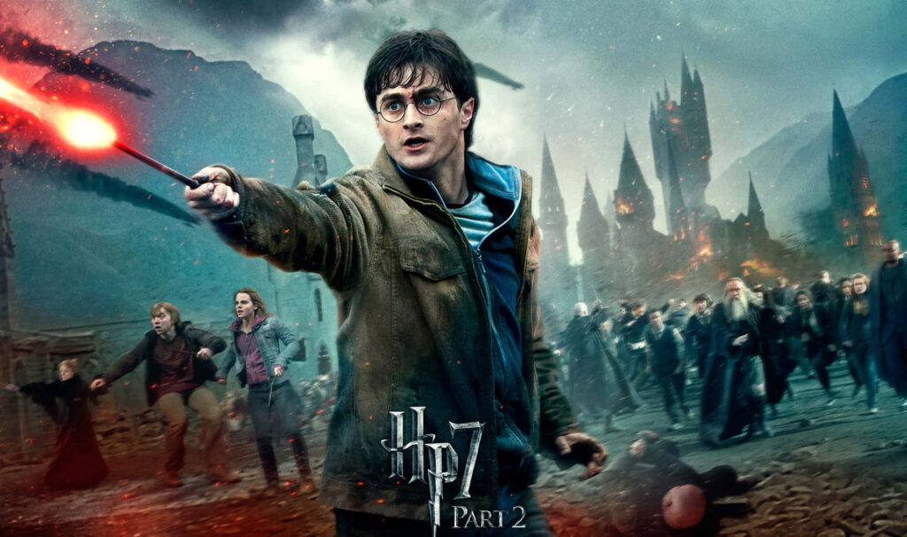 Magical Harry Potter Landscape: Wand-Wielding Wizard Casts Spell in Enchanting Wallpaper