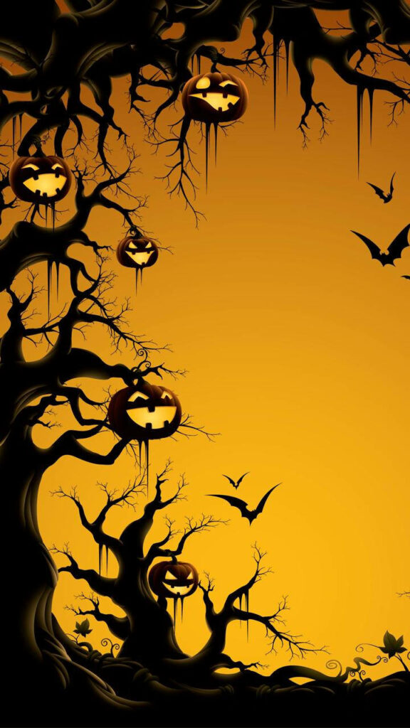 Enchanting Fright: Haunted Forest Halloween Phone Wallpaper sets the Perfect Spooky Ambiance, complete with Pumpkins, Bats, and an Orange Backdrop
