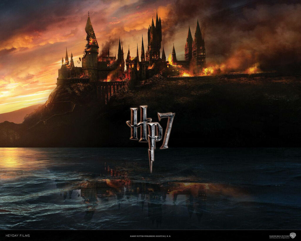 Hogwarts Castle Wallpaper: Fiery Atmosphere & HP7 Logo
