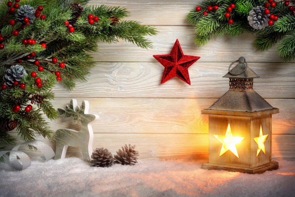 Radiant Festive Glow: Mesmerizing 8k Christmas Background with Ornate Decorations and a Luminous Star Lantern on a Rustic Wooden Panel Wallpaper