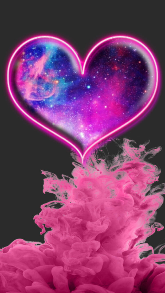 Enchanting Galaxy Smoke Cloud Surrounding a Glowing Pink Heart Wallpaper