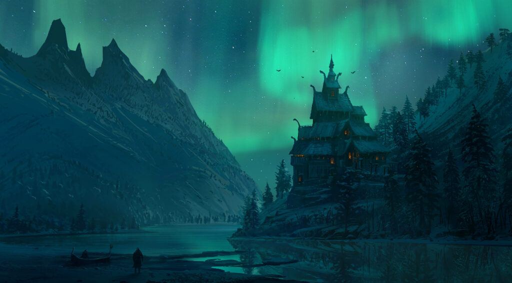 Enchanting Fortress bathed in Luminous Northern Lights: A Breathtaking Scene from Assassin's Creed Valhalla Wallpaper