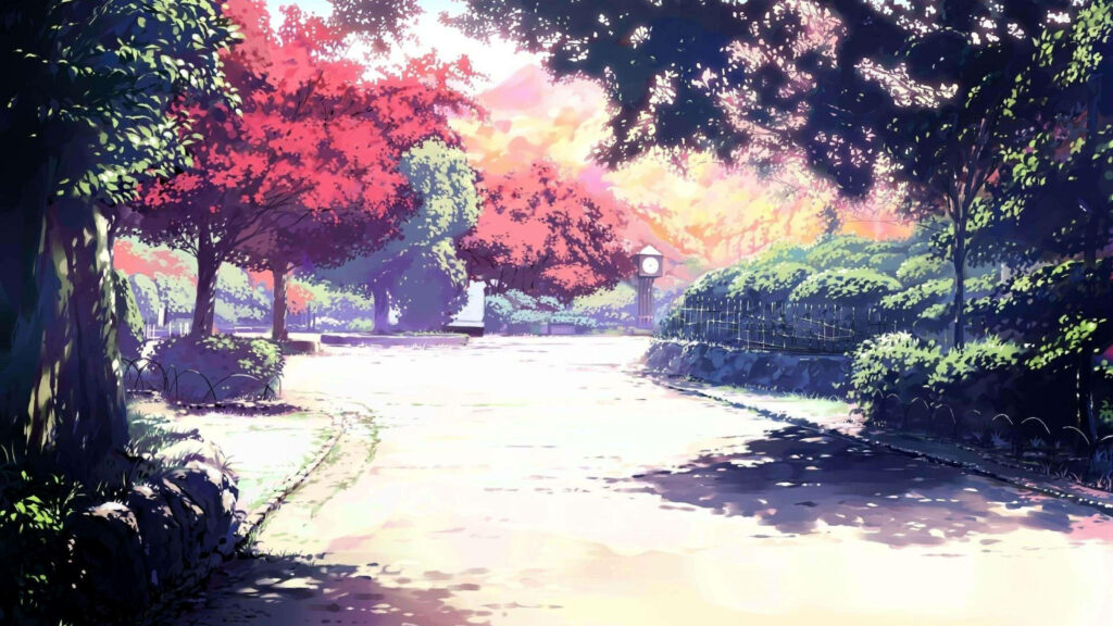 A Serene Journey Among Vibrant Canopies: Basking in the 4K Aesthetic Anime Wallpaper