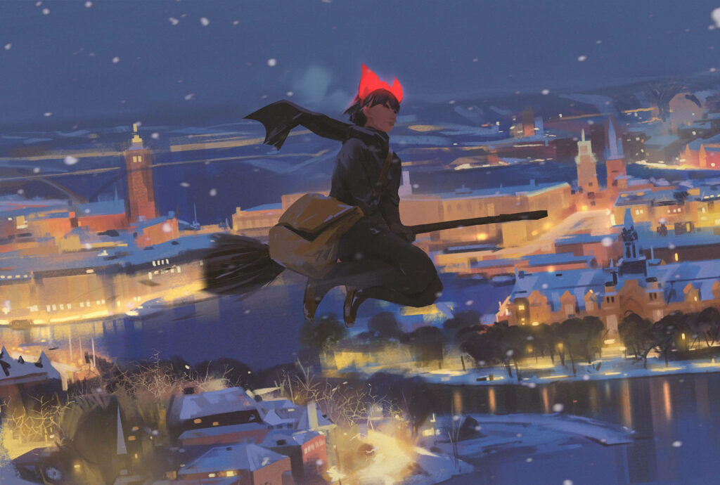 Kiki's Delivery Service: Snowy Cityscape Oil Painting Wallpaper