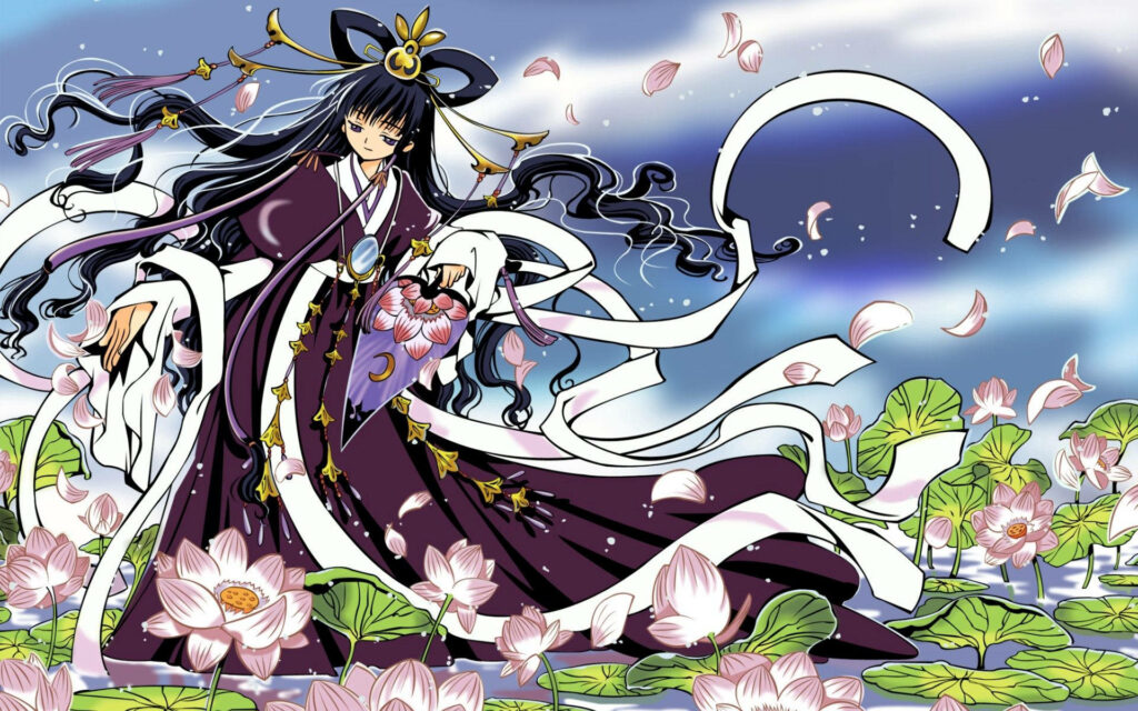 Graceful Kimono Dance Wallpaper: Serene Lotus Landscape Art