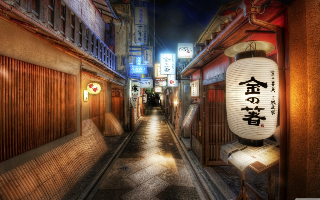 Enchanting Pathway: Exploring a Serene Kyoto Alley Adorned with Delicate White Lanterns Wallpaper