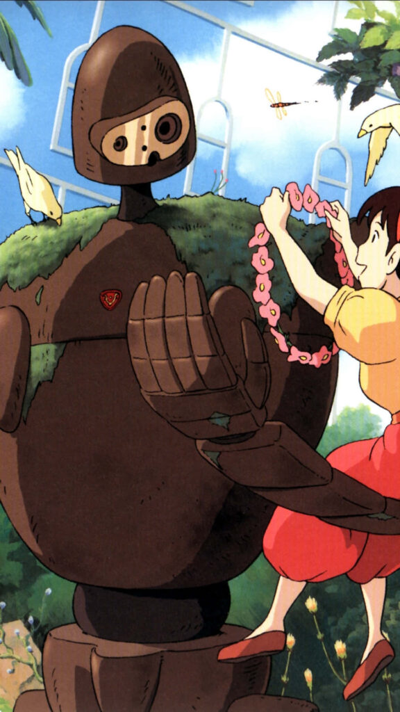 Enchanting Laputa Castle Wallpaper: Gentle Robot & Floral Serenity