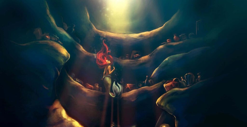 Enchanting Little Mermaid Grotto Wallpaper with Underwater Treasures
