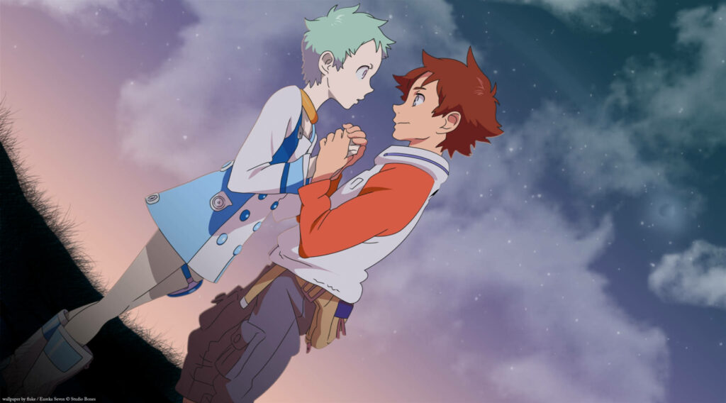 Starry Night Embrace: Renton and Eureka Connected under Anime's Eureka Seven Sky Wallpaper