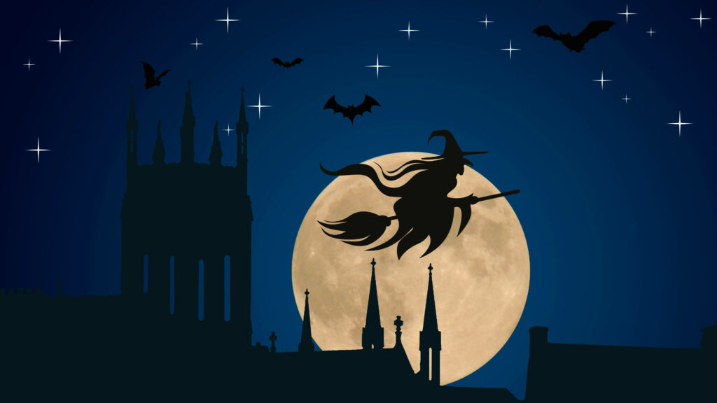 Witchy Night Soaring: Enchanting Full HD Backdrop with Moonlit Broomstick Ride, Bat Shadows, and Urban Silhouettes Wallpaper