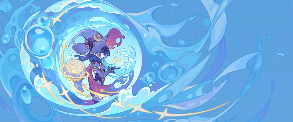 Magical Girl in Shimmering Bubble – Enchanting Blue & Gold Wallpaper