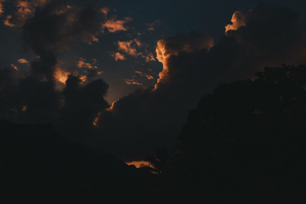 Enchanting Twilight Sky: Majestic Silhouette of Trees and Mountains in Seychelles Islands Wallpaper